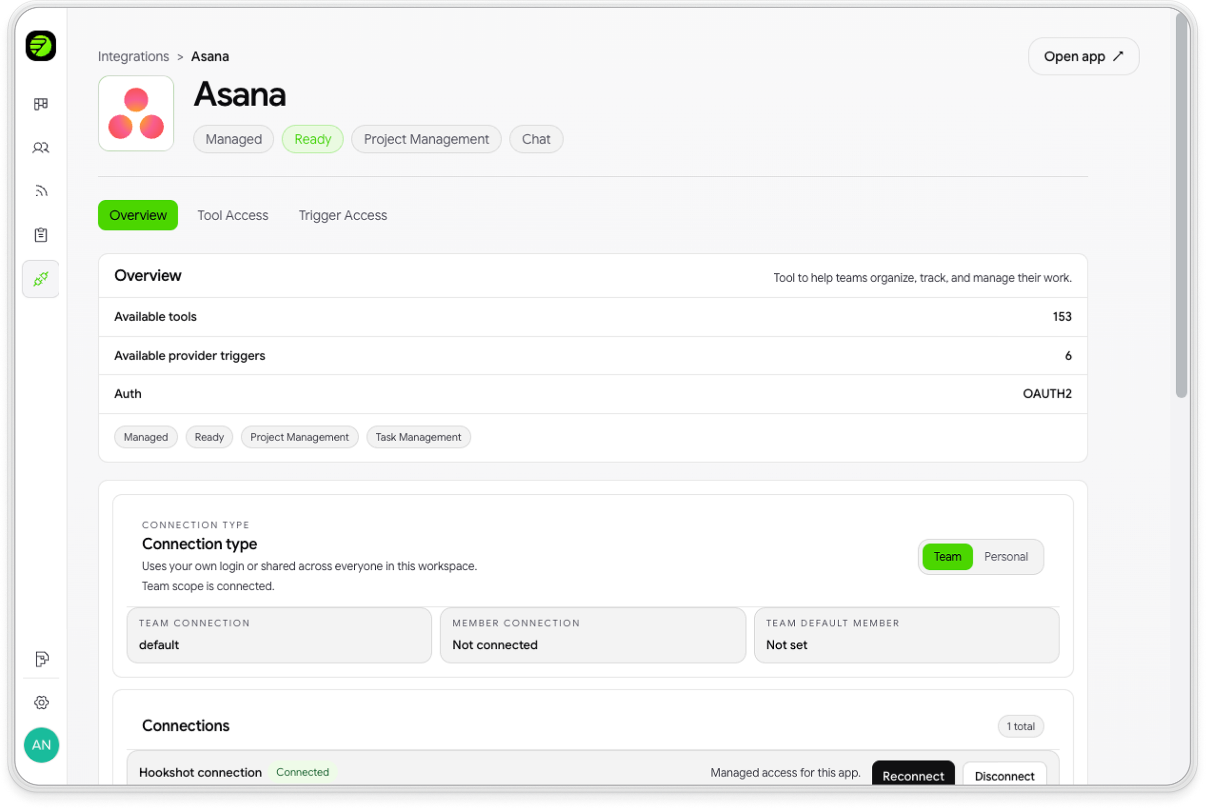 Connect Hookshot™ to your stack — integrate tools, triggers, and team or personal access controls.