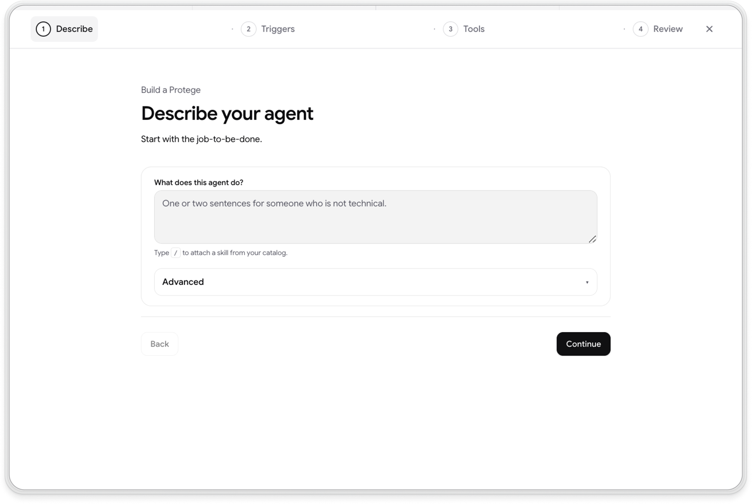 Hookshot™ Agent Builder — chat-driven agent definition with validation, proposed plan, triggers, and guardrails.