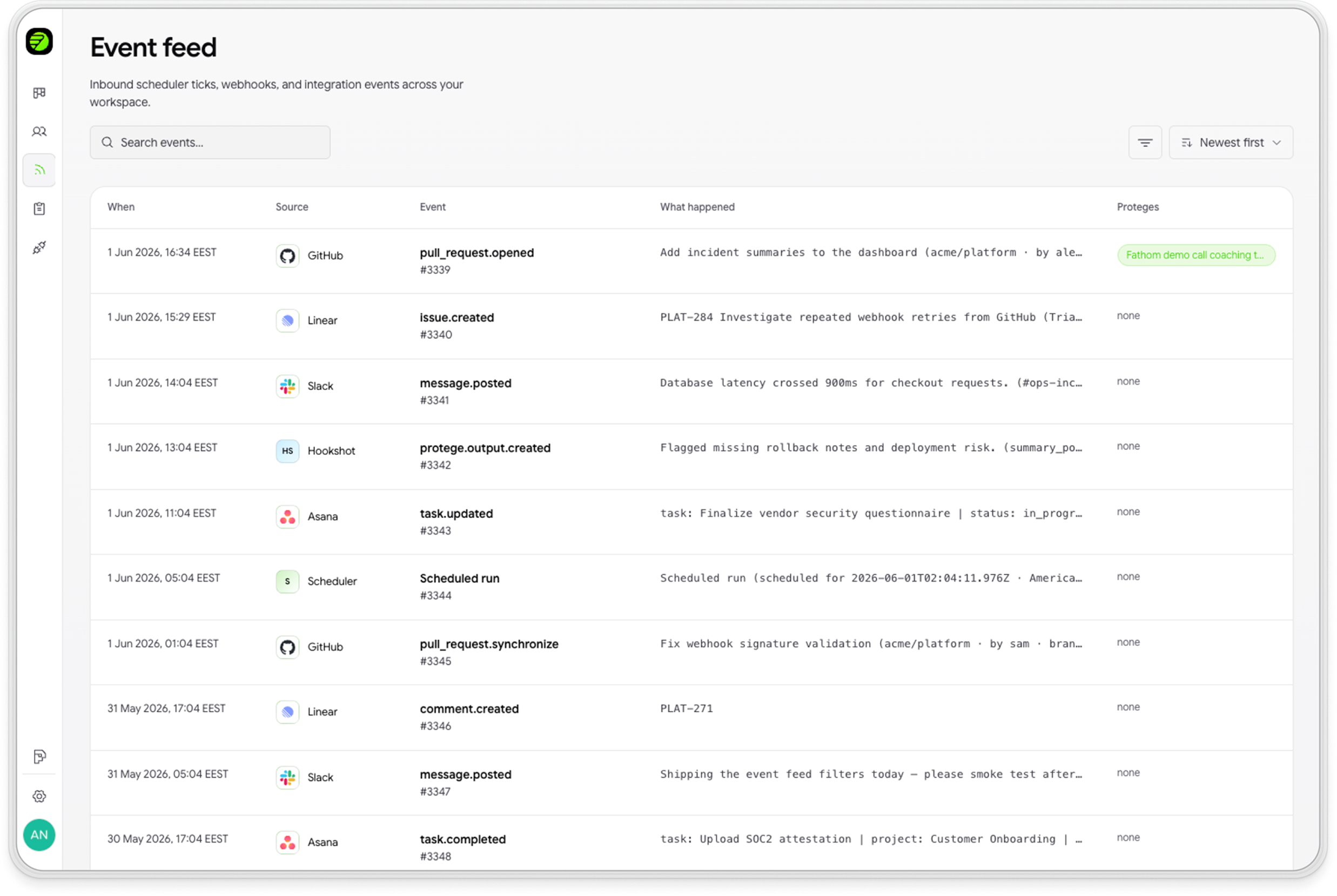 Hookshot™ Event Feed — inbound events, sources, and AI agent outcomes for audit and governance.