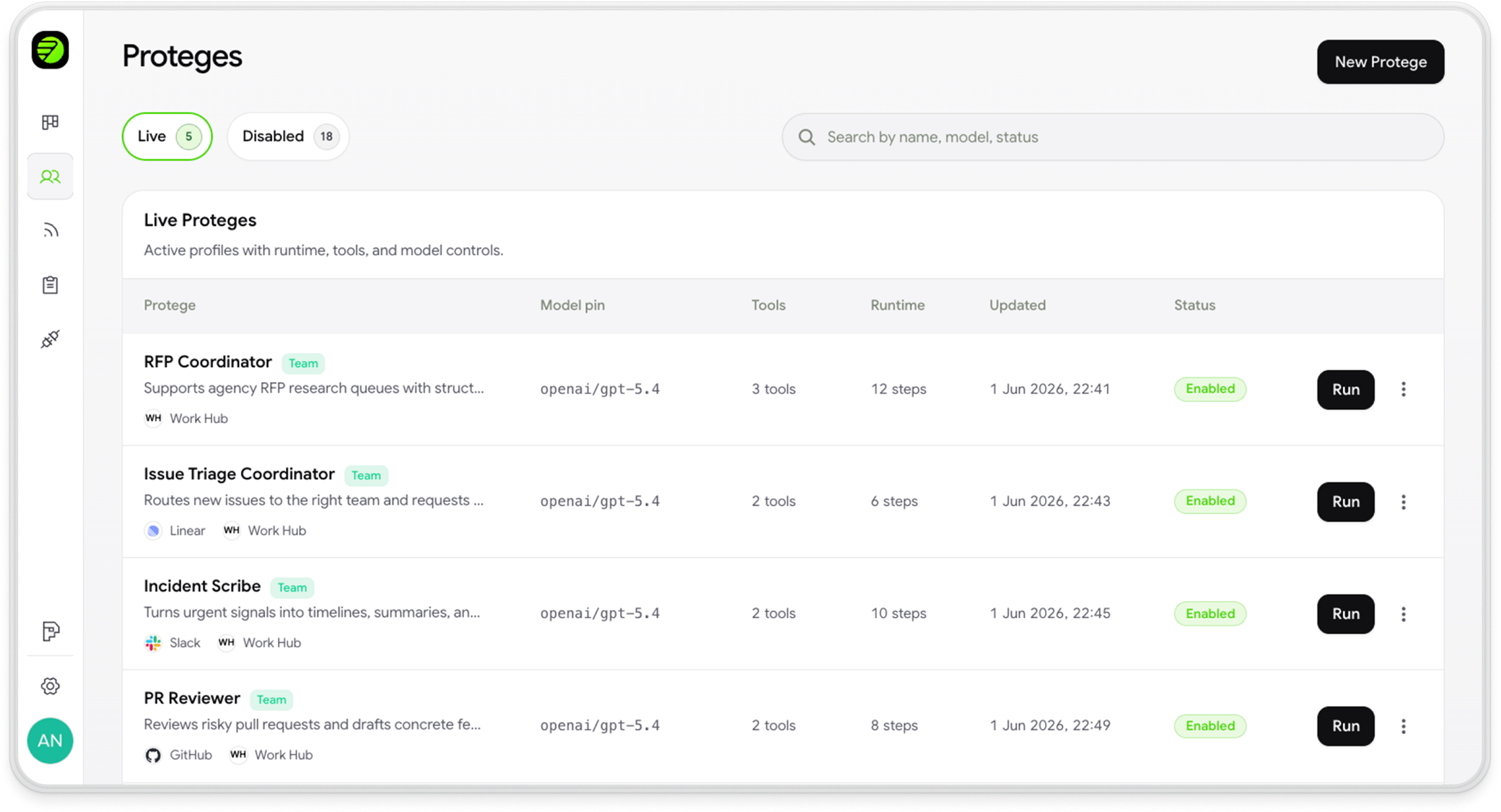 Hookshot™ Agents dashboard for event-driven AI agents — live agents with model pins, tools, runtime, and status.